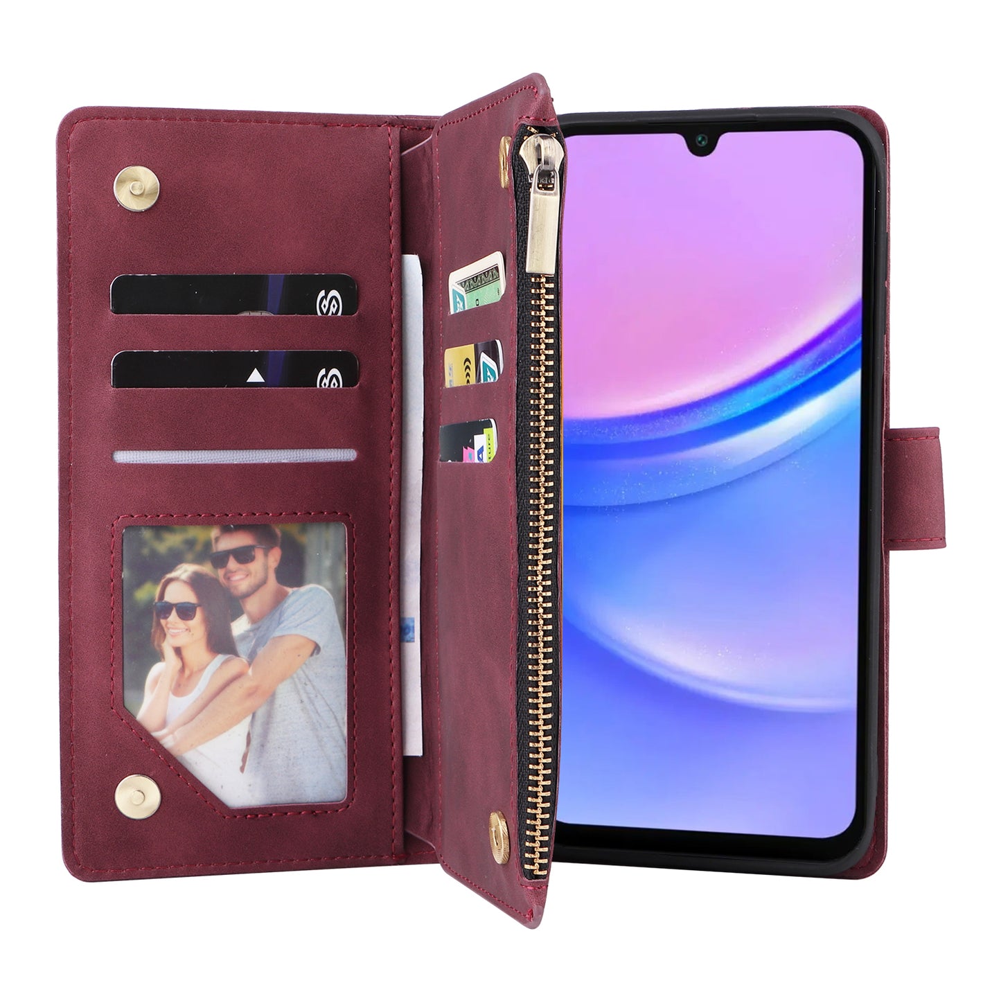 For Samsung Galaxy A16 5G / A16 4G Case Zipper Wallet Multiple Card Slots Leather Phone Cover - Wine Red