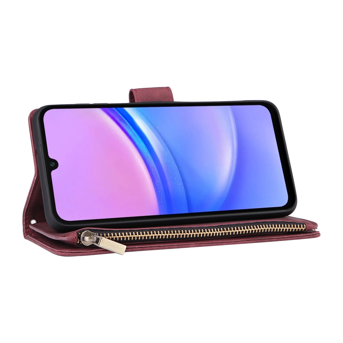 For Samsung Galaxy A16 5G / A16 4G Case Zipper Wallet Multiple Card Slots Leather Phone Cover - Wine Red