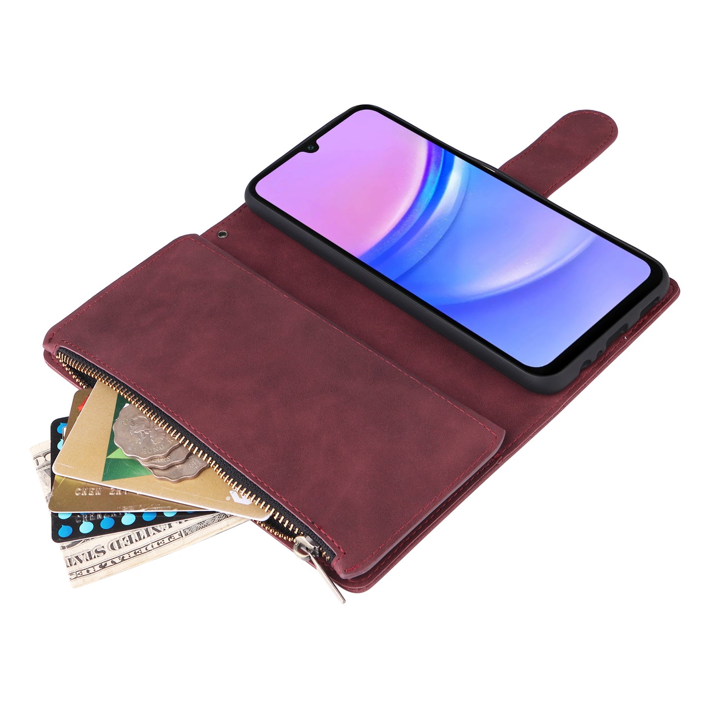 For Samsung Galaxy A16 5G / A16 4G Case Zipper Wallet Multiple Card Slots Leather Phone Cover - Wine Red