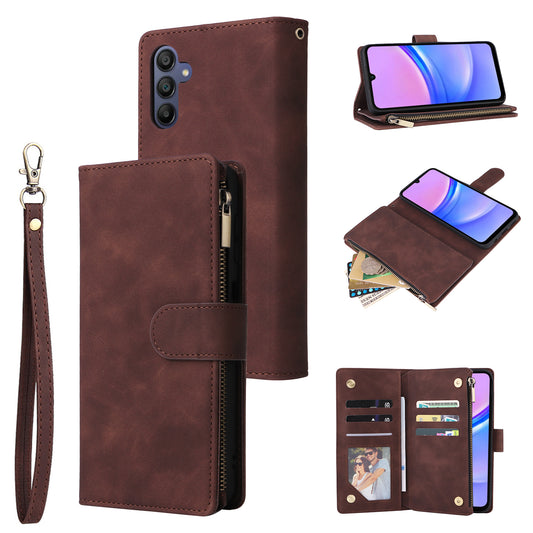 For Samsung Galaxy A16 5G / A16 4G Case Zipper Wallet Multiple Card Slots Leather Phone Cover - Coffee