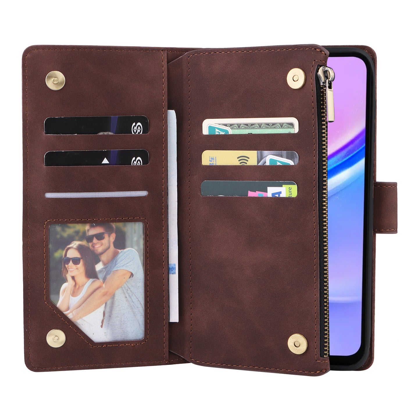 For Samsung Galaxy A16 5G / A16 4G Case Zipper Wallet Multiple Card Slots Leather Phone Cover - Coffee