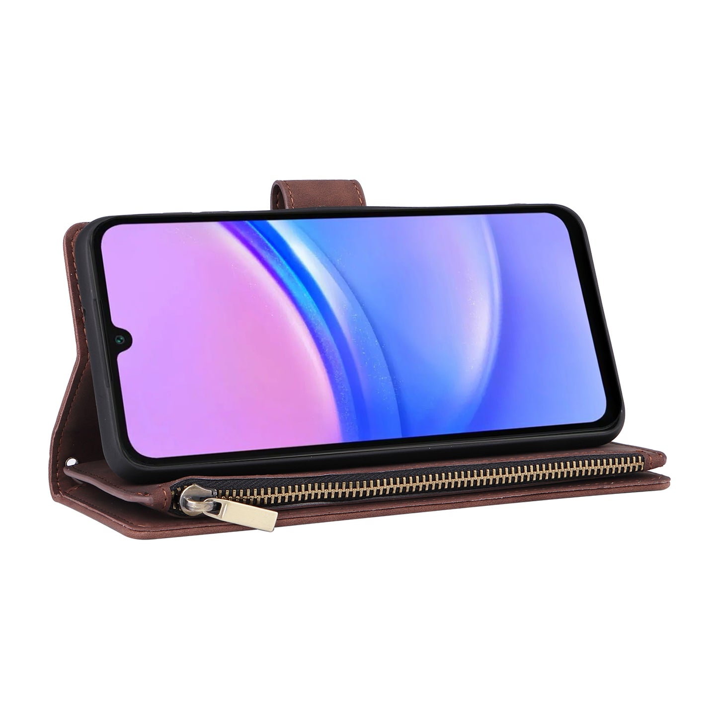 For Samsung Galaxy A16 5G / A16 4G Case Zipper Wallet Multiple Card Slots Leather Phone Cover - Coffee