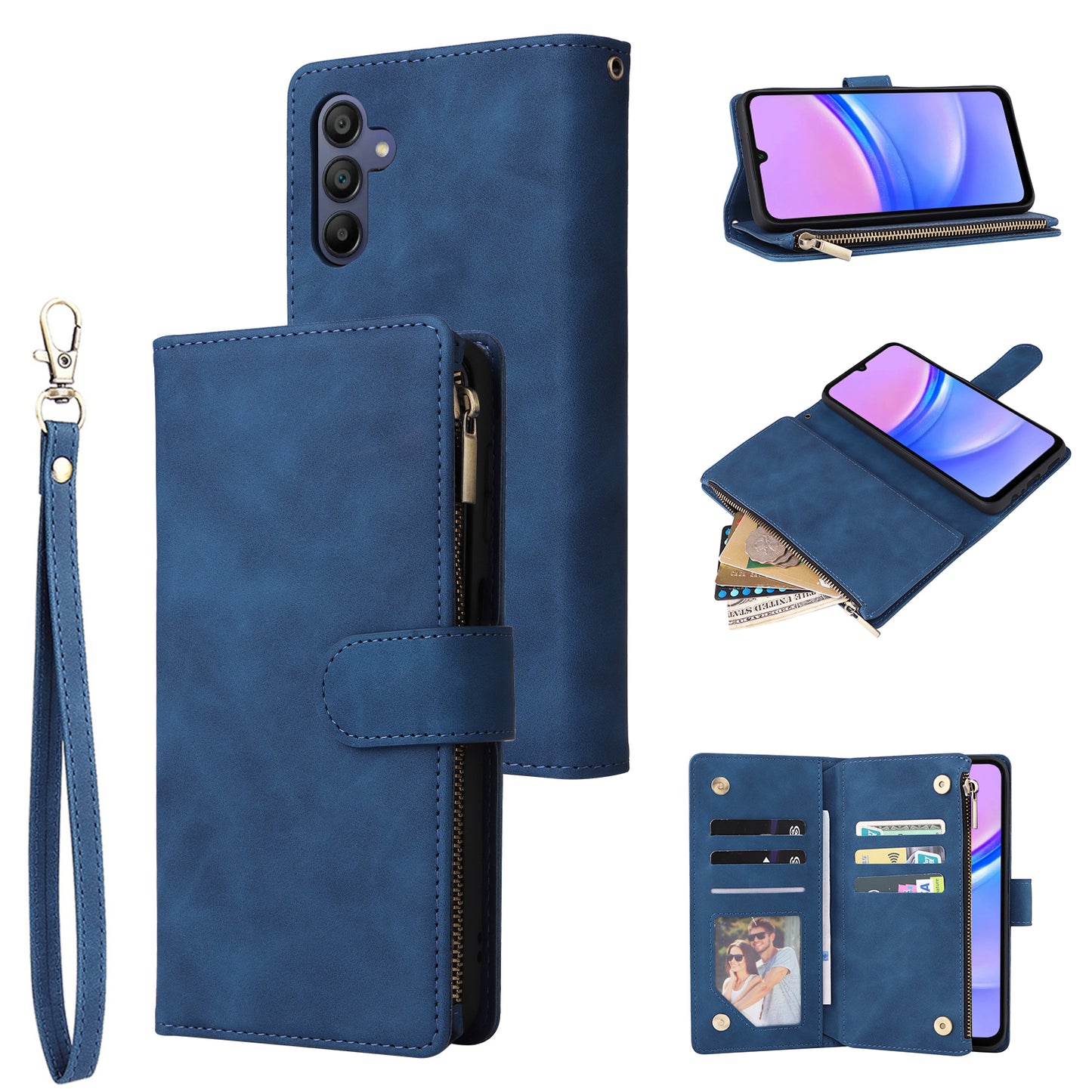 For Samsung Galaxy A16 5G / A16 4G Case Zipper Wallet Multiple Card Slots Leather Phone Cover - Blue