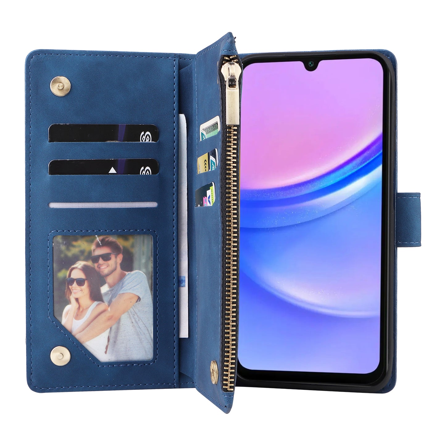 For Samsung Galaxy A16 5G / A16 4G Case Zipper Wallet Multiple Card Slots Leather Phone Cover - Blue