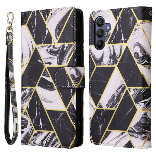 For Samsung Galaxy A16 5G / A16 4G Case Lacquered Marble Pattern Leather Phone Cover - Black