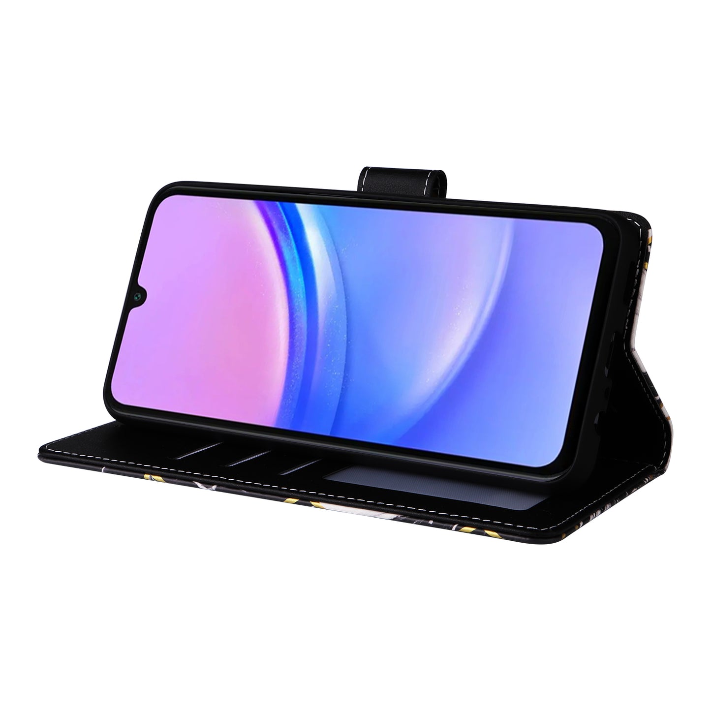 For Samsung Galaxy A16 5G / A16 4G Case Lacquered Marble Pattern Leather Phone Cover - Black