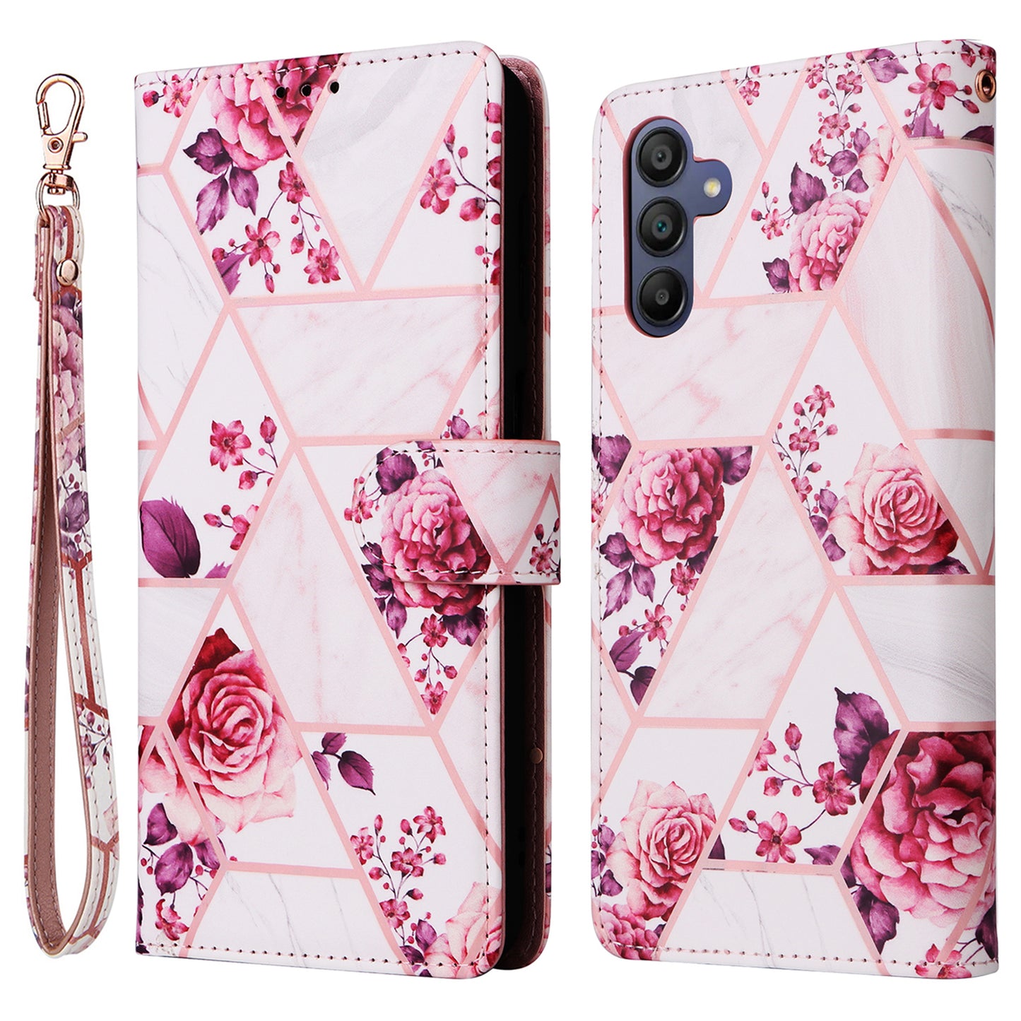 For Samsung Galaxy A16 5G / A16 4G Case Lacquered Marble Pattern Leather Phone Cover - Rose Gold