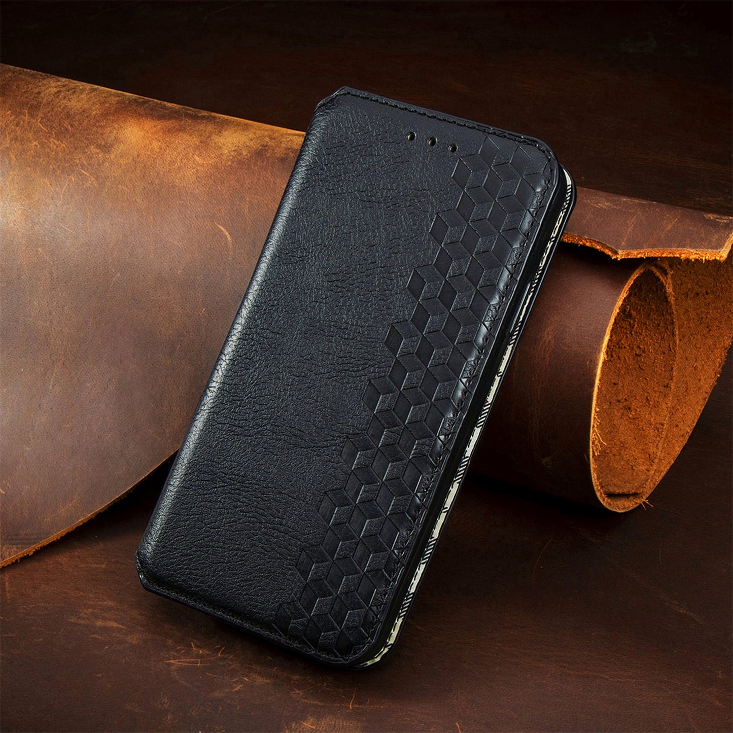 For Samsung Galaxy A16 5G / A16 4G Case Rhombus Imprint PU Leather Wallet Phone Cover - Black