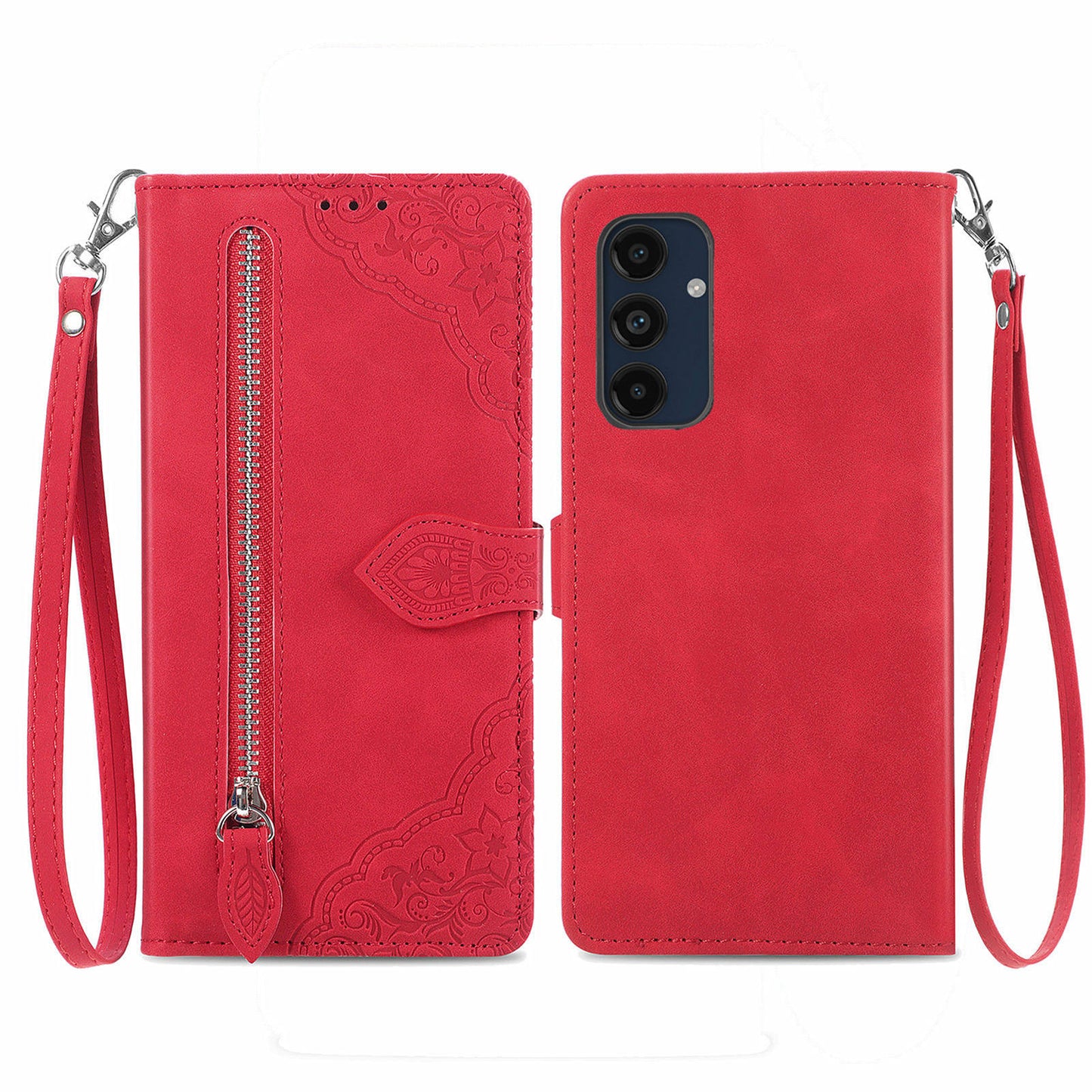 For Samsung Galaxy A16 5G / A16 4G Case Zipper Wallet PU Leather Flower Imprint Phone Cover - Red