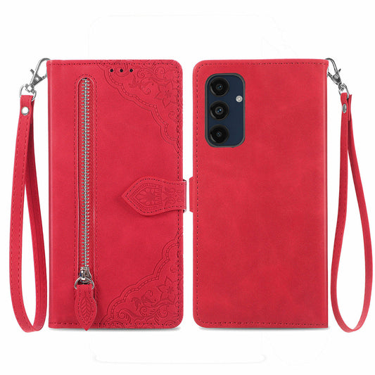 For Samsung Galaxy A16 5G / A16 4G Case Zipper Wallet PU Leather Flower Imprint Phone Cover - Red