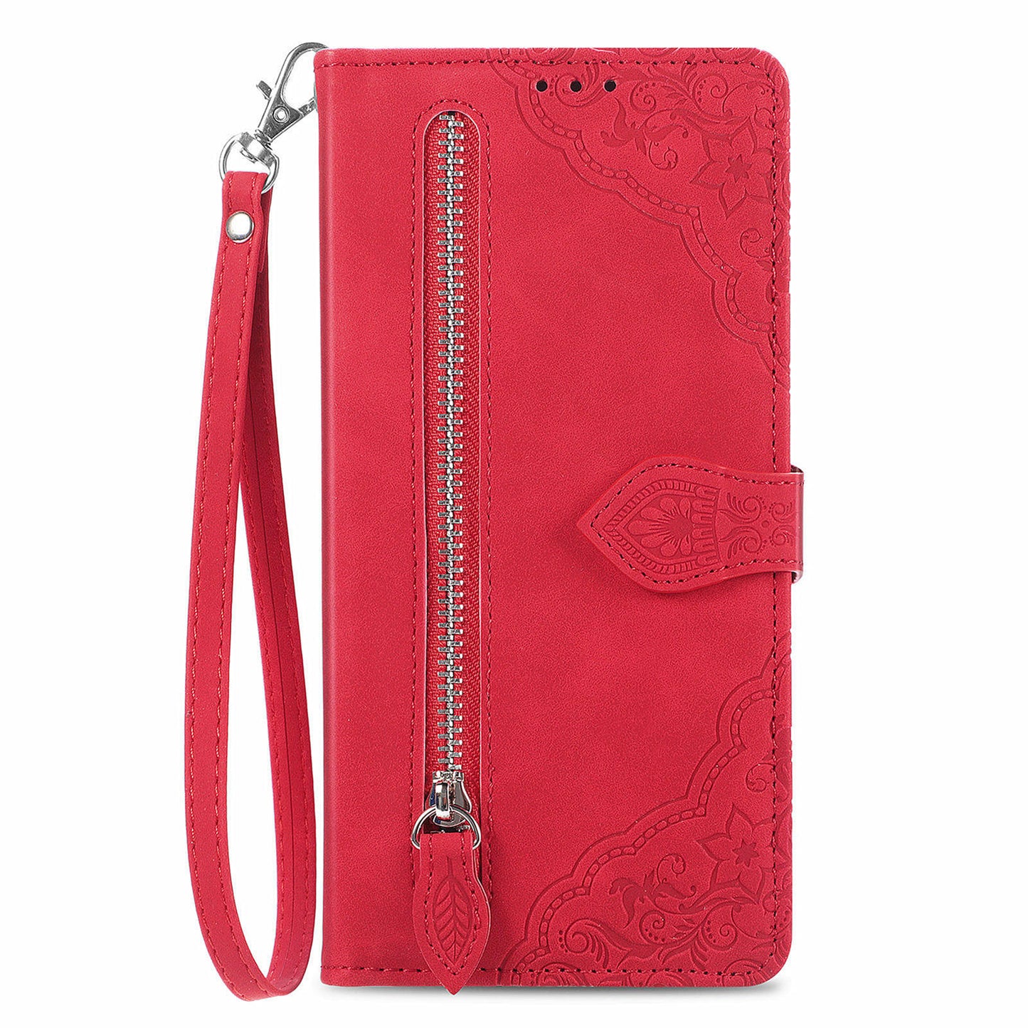 For Samsung Galaxy A16 5G / A16 4G Case Zipper Wallet PU Leather Flower Imprint Phone Cover - Red