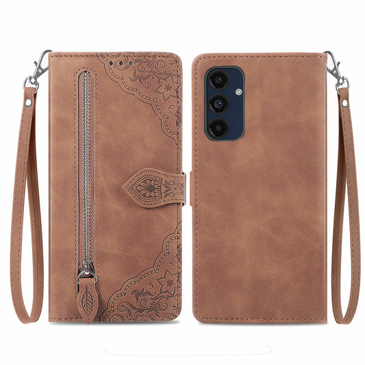 For Samsung Galaxy A16 5G / A16 4G Case Zipper Wallet PU Leather Flower Imprint Phone Cover - Brown