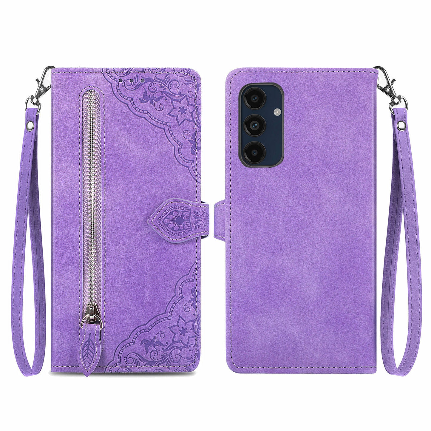 For Samsung Galaxy A16 5G / A16 4G Case Zipper Wallet PU Leather Flower Imprint Phone Cover - Light Purple