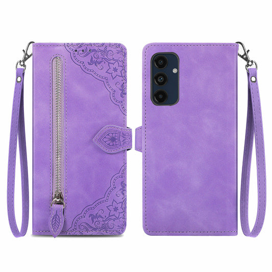 For Samsung Galaxy A16 5G / A16 4G Case Zipper Wallet PU Leather Flower Imprint Phone Cover - Light Purple