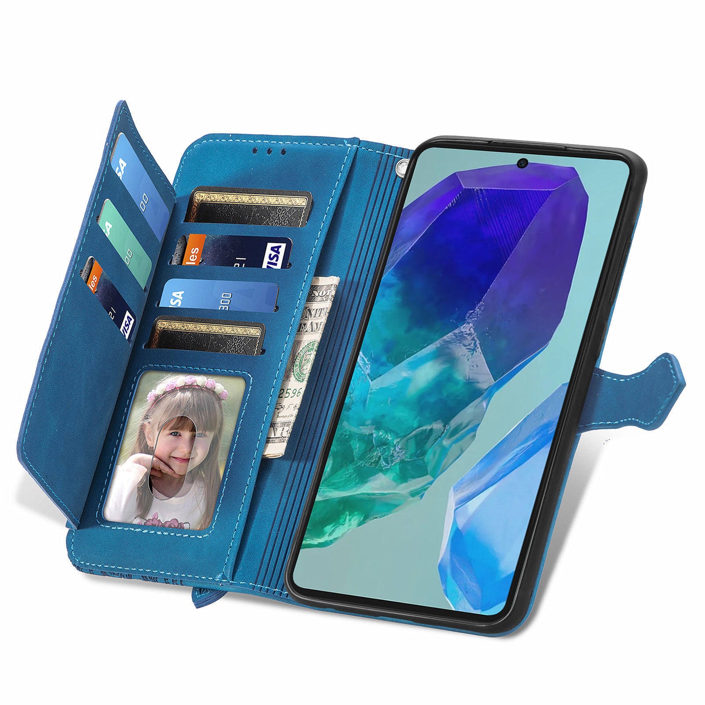 For Samsung Galaxy A16 5G / A16 4G Case Zipper Wallet PU Leather Flower Imprint Phone Cover - Blue
