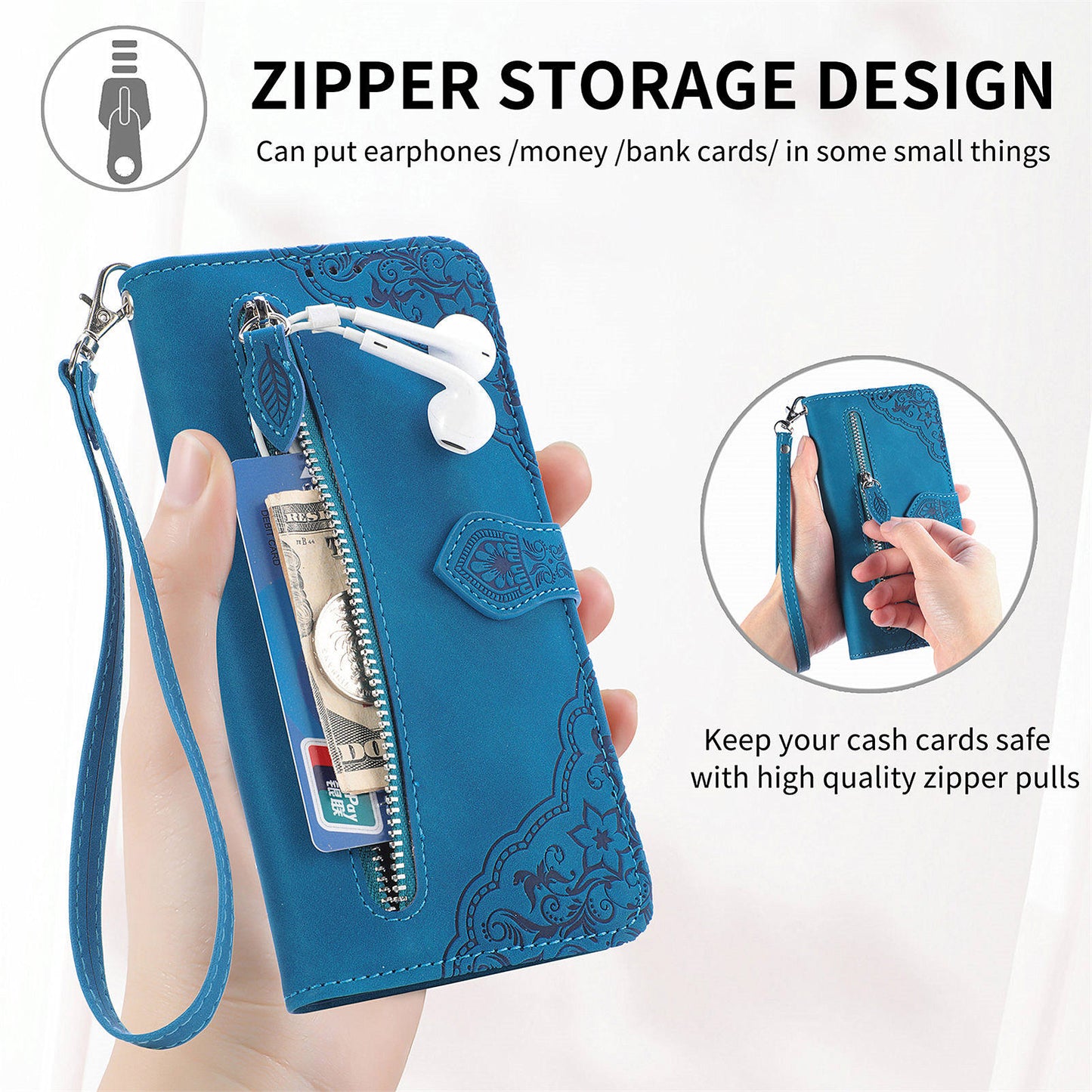 For Samsung Galaxy A16 5G / A16 4G Case Zipper Wallet PU Leather Flower Imprint Phone Cover - Blue