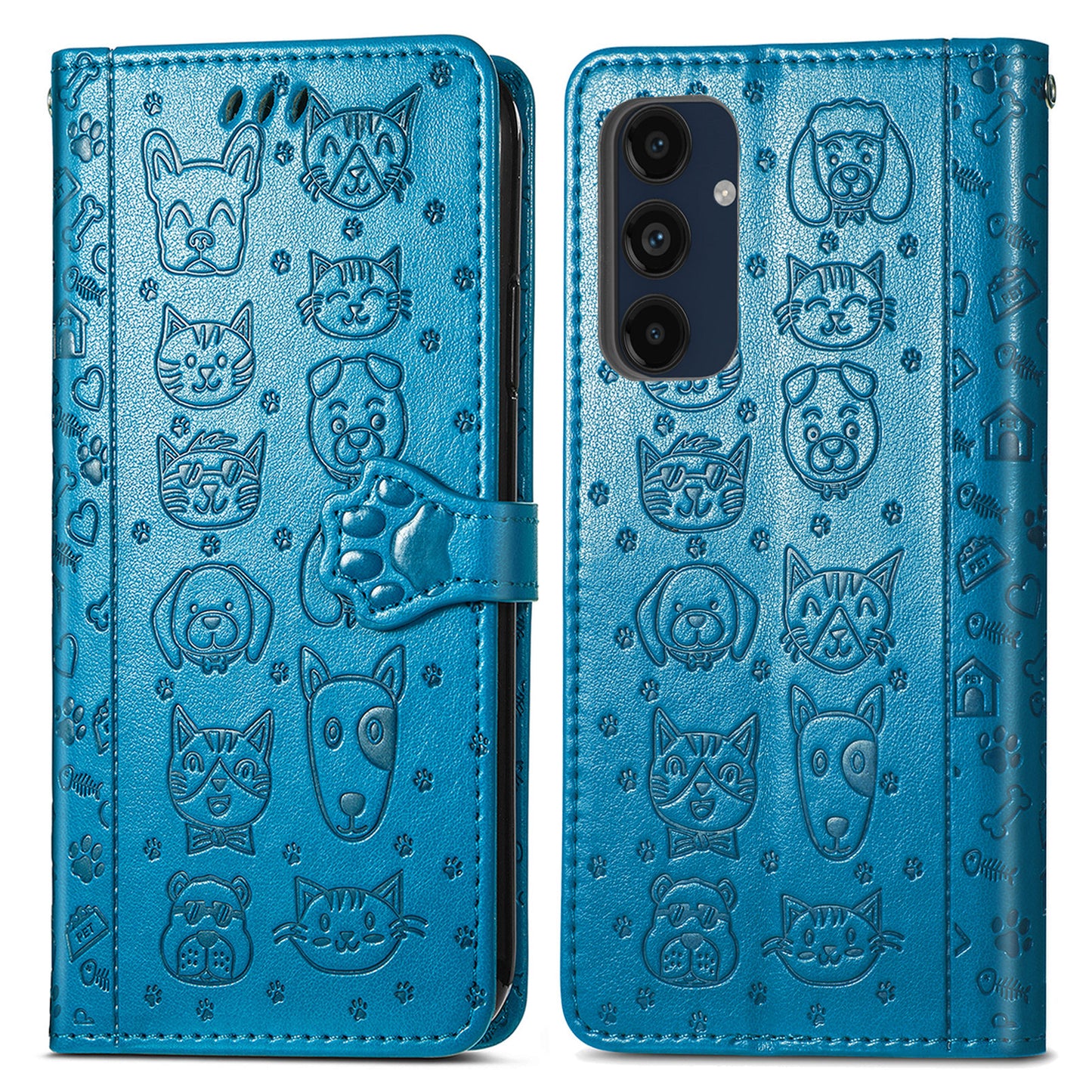 For Samsung Galaxy A16 5G / A16 4G Case Leather Wallet Flip Phone Cover Cute Cat Dog Pattern - Blue
