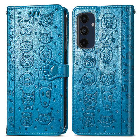 For Samsung Galaxy A16 5G / A16 4G Case Leather Wallet Flip Phone Cover Cute Cat Dog Pattern - Blue