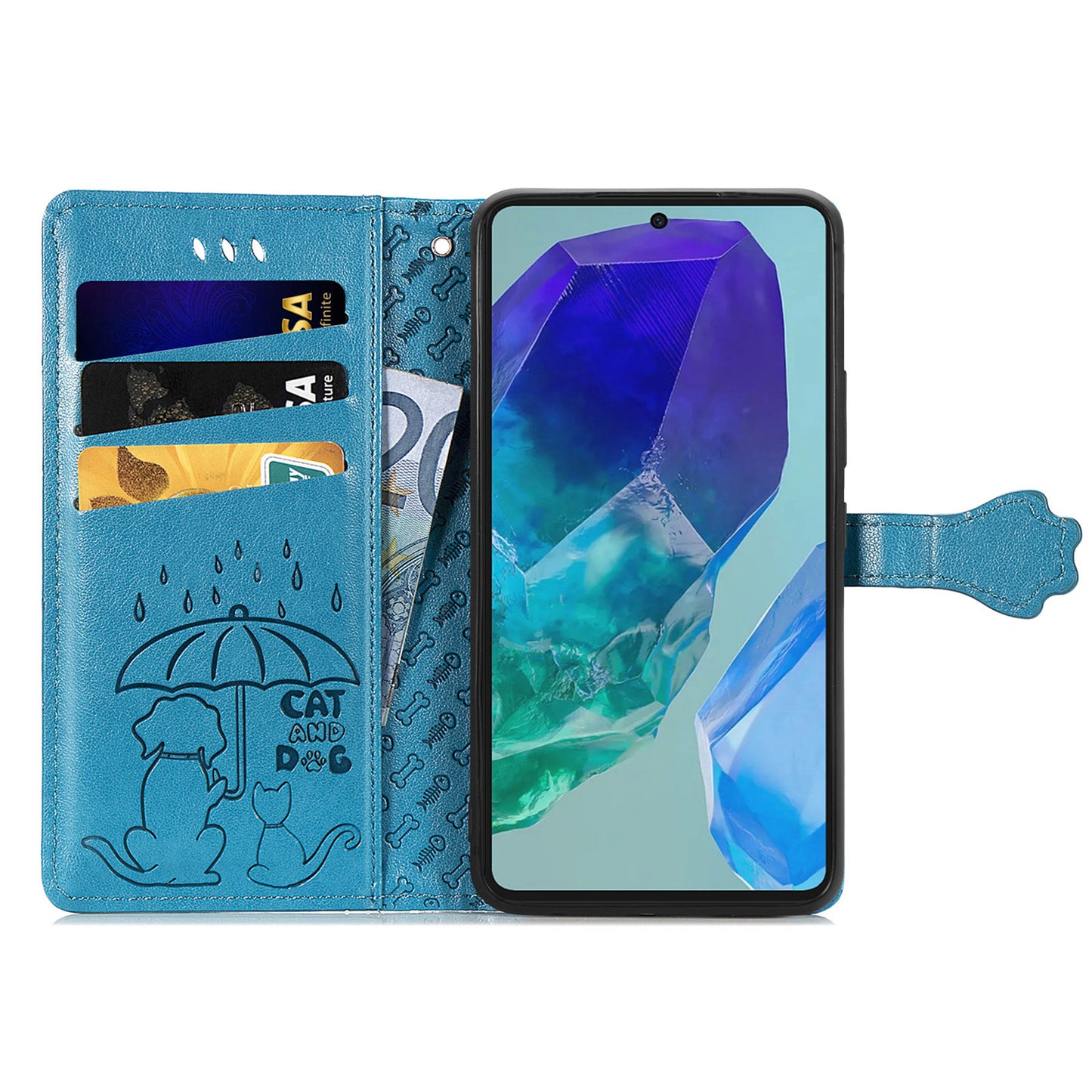 For Samsung Galaxy A16 5G / A16 4G Case Leather Wallet Flip Phone Cover Cute Cat Dog Pattern - Blue