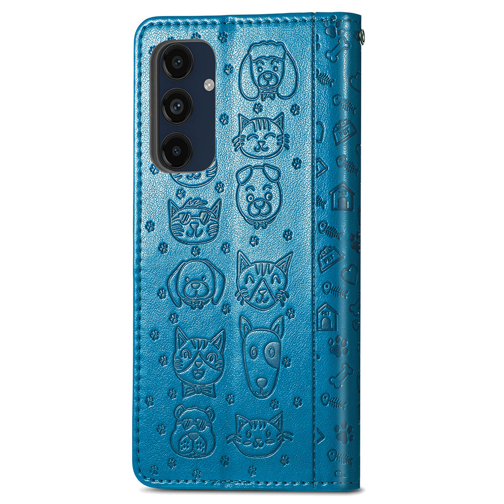 For Samsung Galaxy A16 5G / A16 4G Case Leather Wallet Flip Phone Cover Cute Cat Dog Pattern - Blue