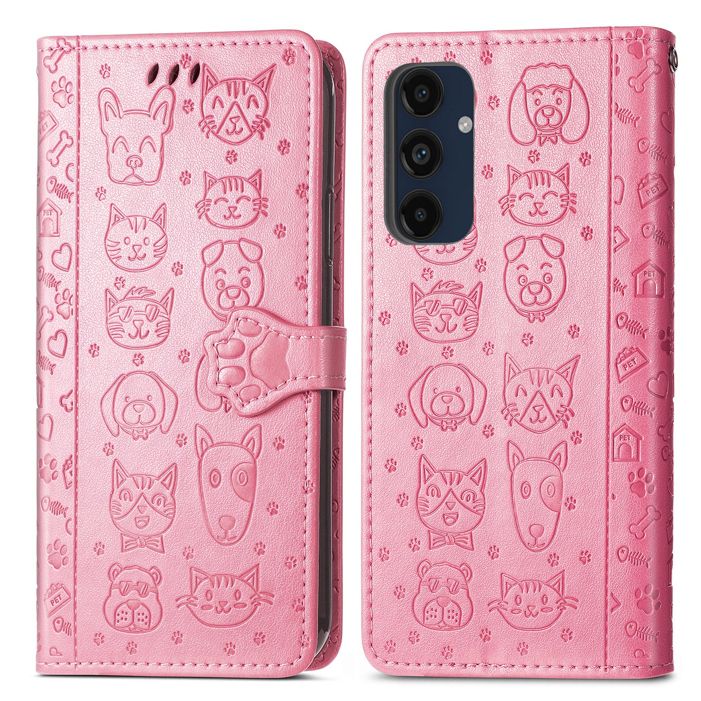 For Samsung Galaxy A16 5G / A16 4G Case Leather Wallet Flip Phone Cover Cute Cat Dog Pattern - Pink