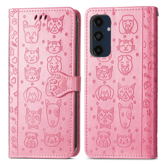 For Samsung Galaxy A16 5G / A16 4G Case Leather Wallet Flip Phone Cover Cute Cat Dog Pattern - Pink