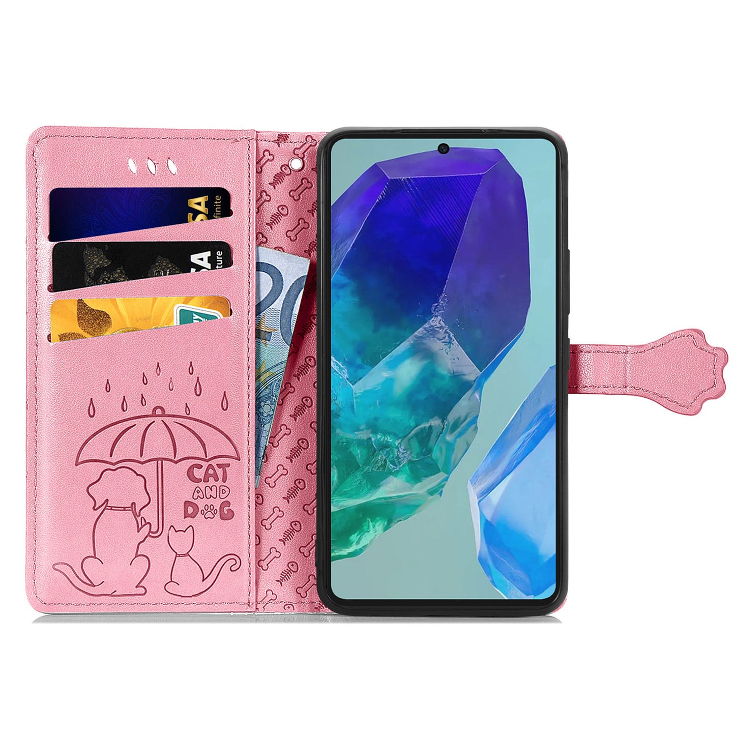 For Samsung Galaxy A16 5G / A16 4G Case Leather Wallet Flip Phone Cover Cute Cat Dog Pattern - Pink