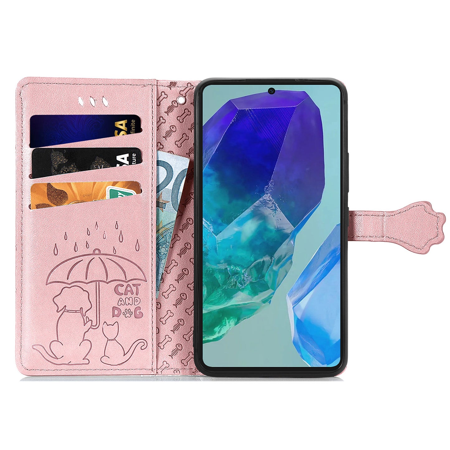 For Samsung Galaxy A16 5G / A16 4G Case Leather Wallet Flip Phone Cover Cute Cat Dog Pattern - Rose Gold