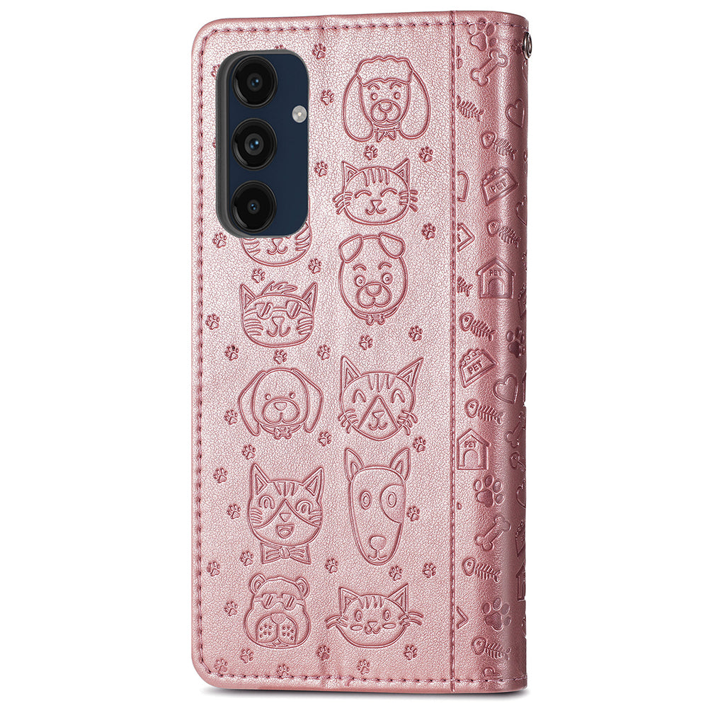 For Samsung Galaxy A16 5G / A16 4G Case Leather Wallet Flip Phone Cover Cute Cat Dog Pattern - Rose Gold