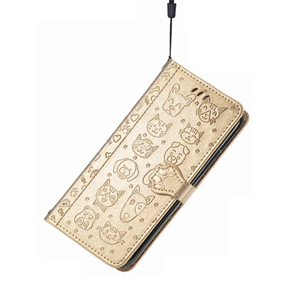 For Samsung Galaxy A16 5G / A16 4G Case Leather Wallet Flip Phone Cover Cute Cat Dog Pattern - Gold