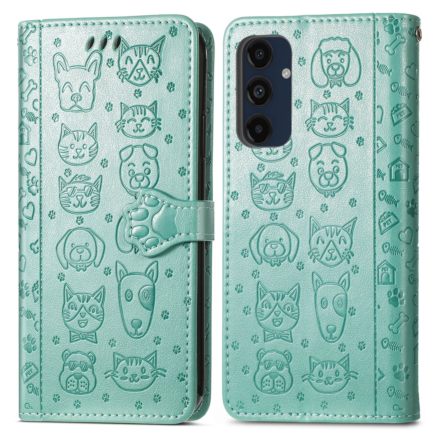 For Samsung Galaxy A16 5G / A16 4G Case Leather Wallet Flip Phone Cover Cute Cat Dog Pattern - Green