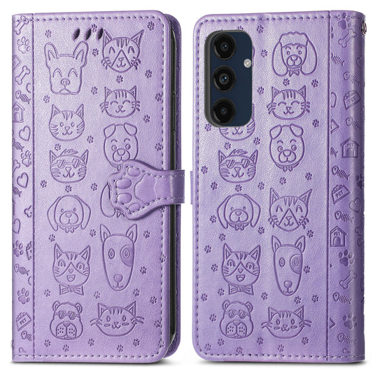 For Samsung Galaxy A16 5G / A16 4G Case Leather Wallet Flip Phone Cover Cute Cat Dog Pattern - Light Purple
