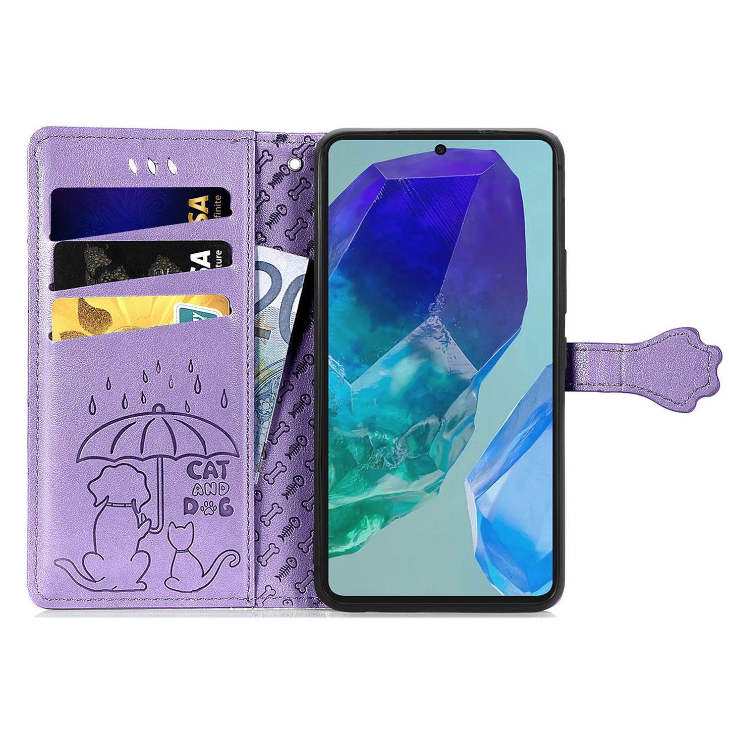 For Samsung Galaxy A16 5G / A16 4G Case Leather Wallet Flip Phone Cover Cute Cat Dog Pattern - Light Purple