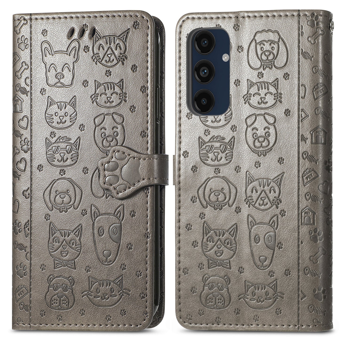 For Samsung Galaxy A16 5G / A16 4G Case Leather Wallet Flip Phone Cover Cute Cat Dog Pattern - Grey