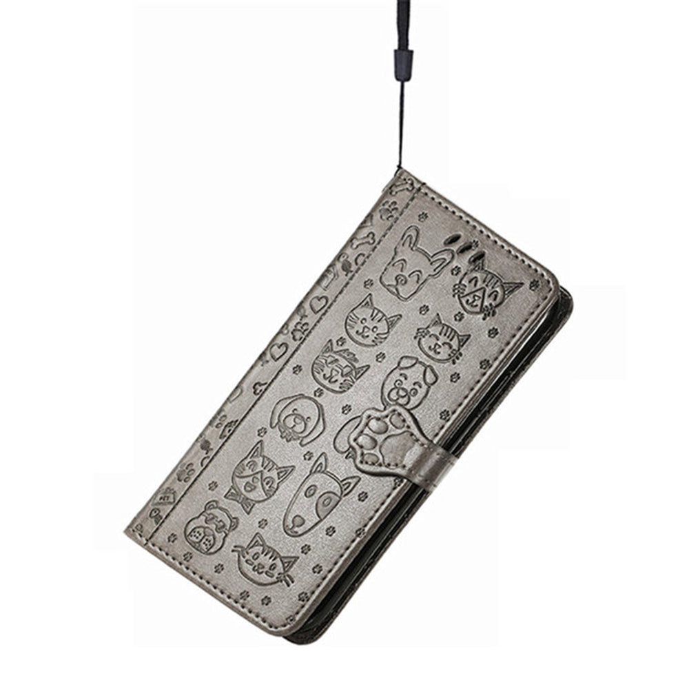 For Samsung Galaxy A16 5G / A16 4G Case Leather Wallet Flip Phone Cover Cute Cat Dog Pattern - Grey