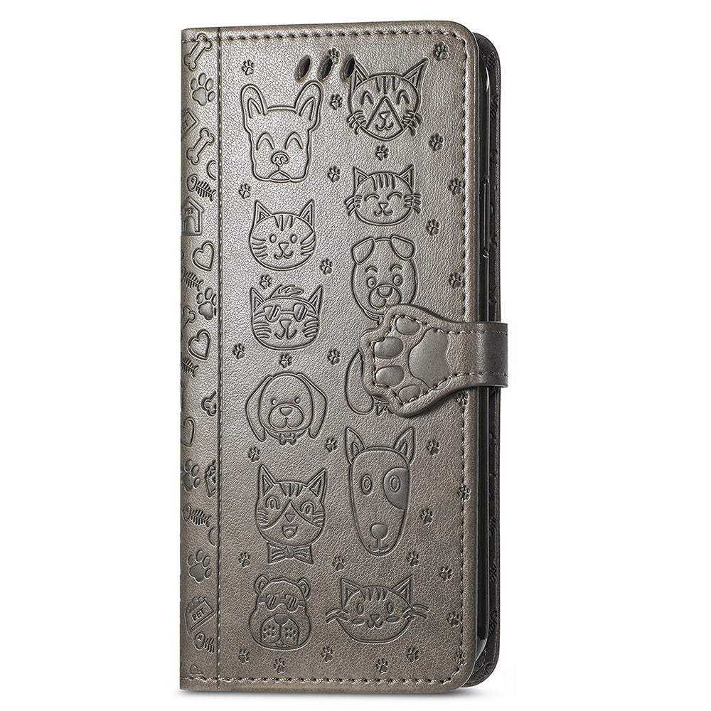 For Samsung Galaxy A16 5G / A16 4G Case Leather Wallet Flip Phone Cover Cute Cat Dog Pattern - Grey