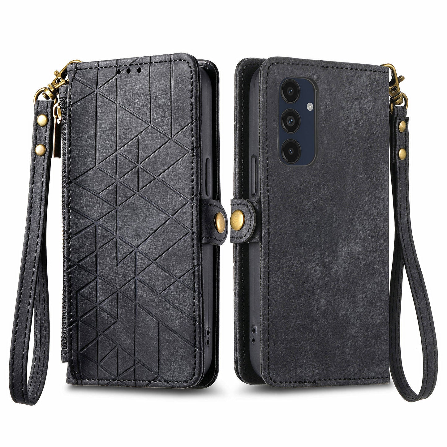 For Samsung Galaxy A16 5G / A16 4G Case Zipper Wallet Geometry Lines Leather Phone Cover - Black