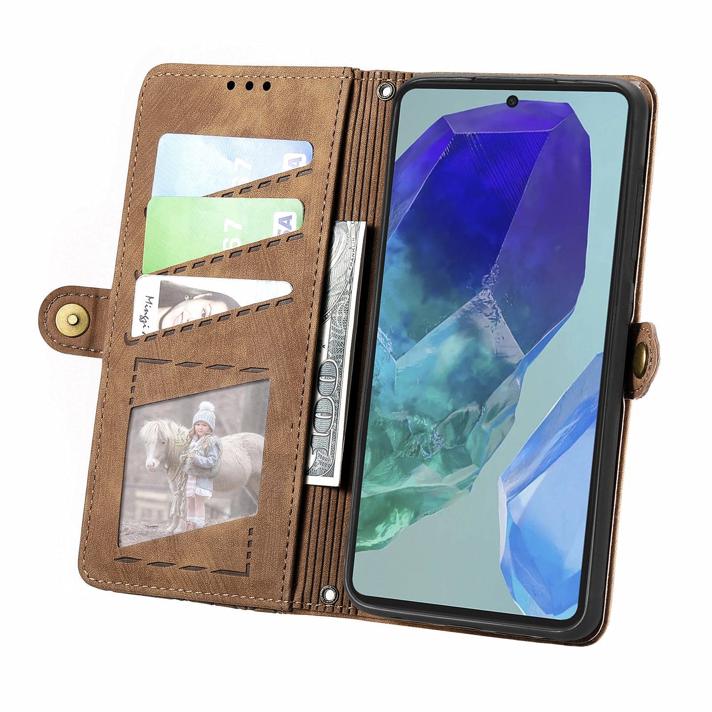 For Samsung Galaxy A16 5G / A16 4G Case Zipper Wallet Geometry Lines Leather Phone Cover - Brown