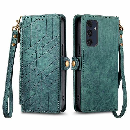 For Samsung Galaxy A16 5G / A16 4G Case Zipper Wallet Geometry Lines Leather Phone Cover - Green