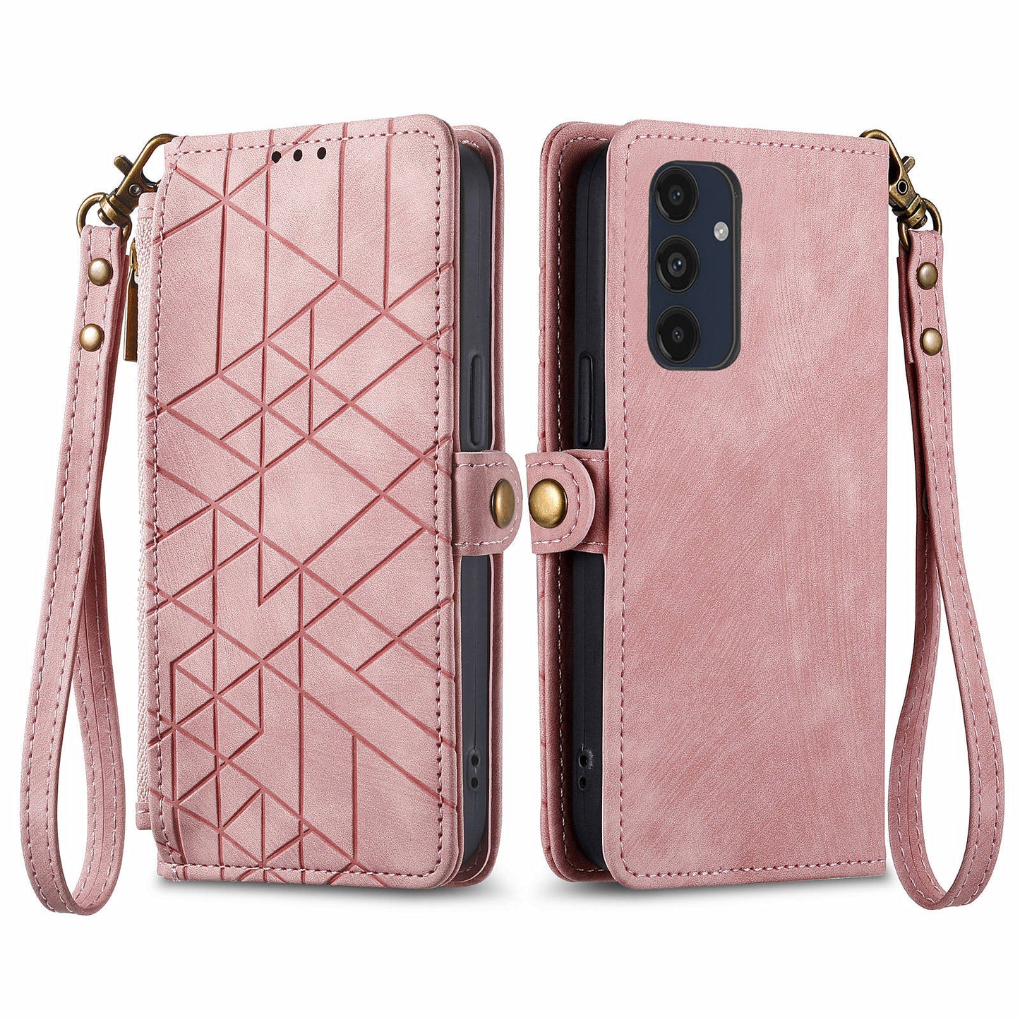 For Samsung Galaxy A16 5G / A16 4G Case Zipper Wallet Geometry Lines Leather Phone Cover - Pink
