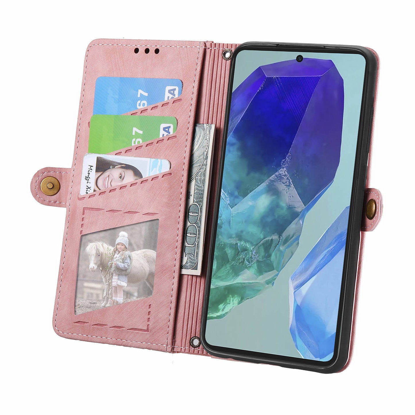 For Samsung Galaxy A16 5G / A16 4G Case Zipper Wallet Geometry Lines Leather Phone Cover - Pink