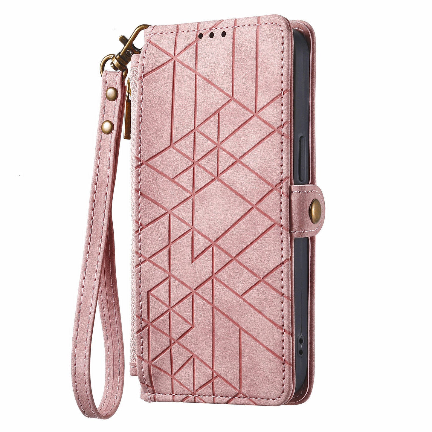 For Samsung Galaxy A16 5G / A16 4G Case Zipper Wallet Geometry Lines Leather Phone Cover - Pink