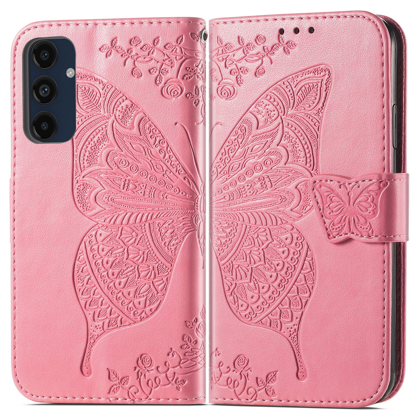 For Samsung Galaxy A16 5G / A16 4G Case PU Leather Wallet Phone Cover Butterfly Pattern - Pink