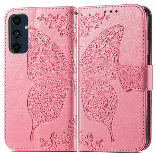For Samsung Galaxy A16 5G / A16 4G Case PU Leather Wallet Phone Cover Butterfly Pattern - Pink