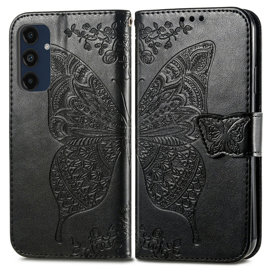 For Samsung Galaxy A16 5G / A16 4G Case PU Leather Wallet Phone Cover Butterfly Pattern - Black