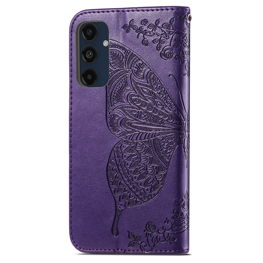 For Samsung Galaxy A16 5G / A16 4G Case PU Leather Wallet Phone Cover Butterfly Pattern - Dark Purple