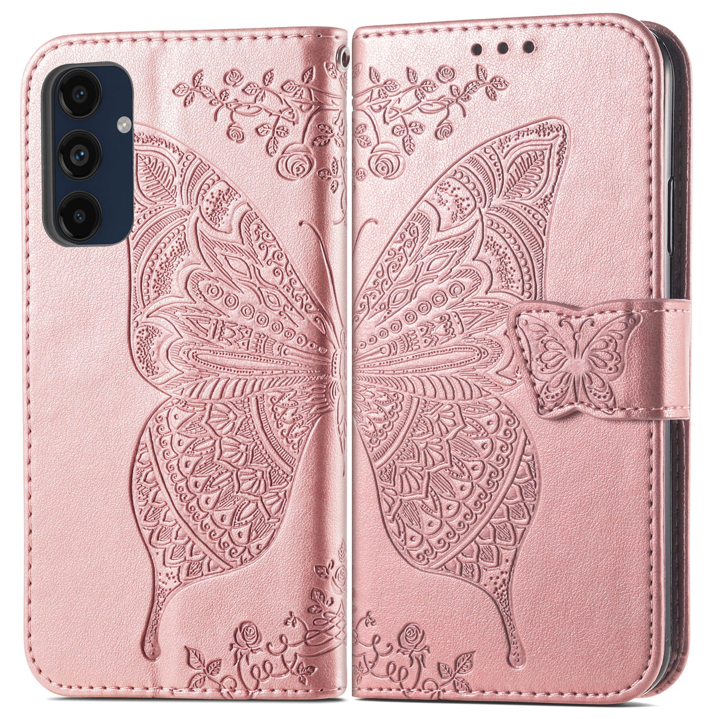 For Samsung Galaxy A16 5G / A16 4G Case PU Leather Wallet Phone Cover Butterfly Pattern - Rose Gold