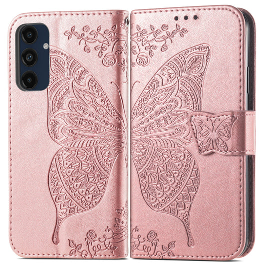 For Samsung Galaxy A16 5G / A16 4G Case PU Leather Wallet Phone Cover Butterfly Pattern - Rose Gold