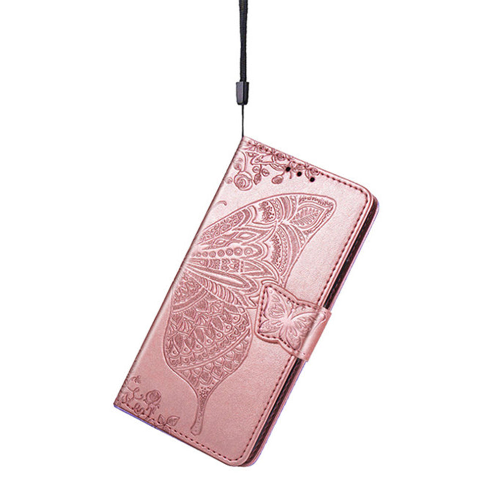 For Samsung Galaxy A16 5G / A16 4G Case PU Leather Wallet Phone Cover Butterfly Pattern - Rose Gold