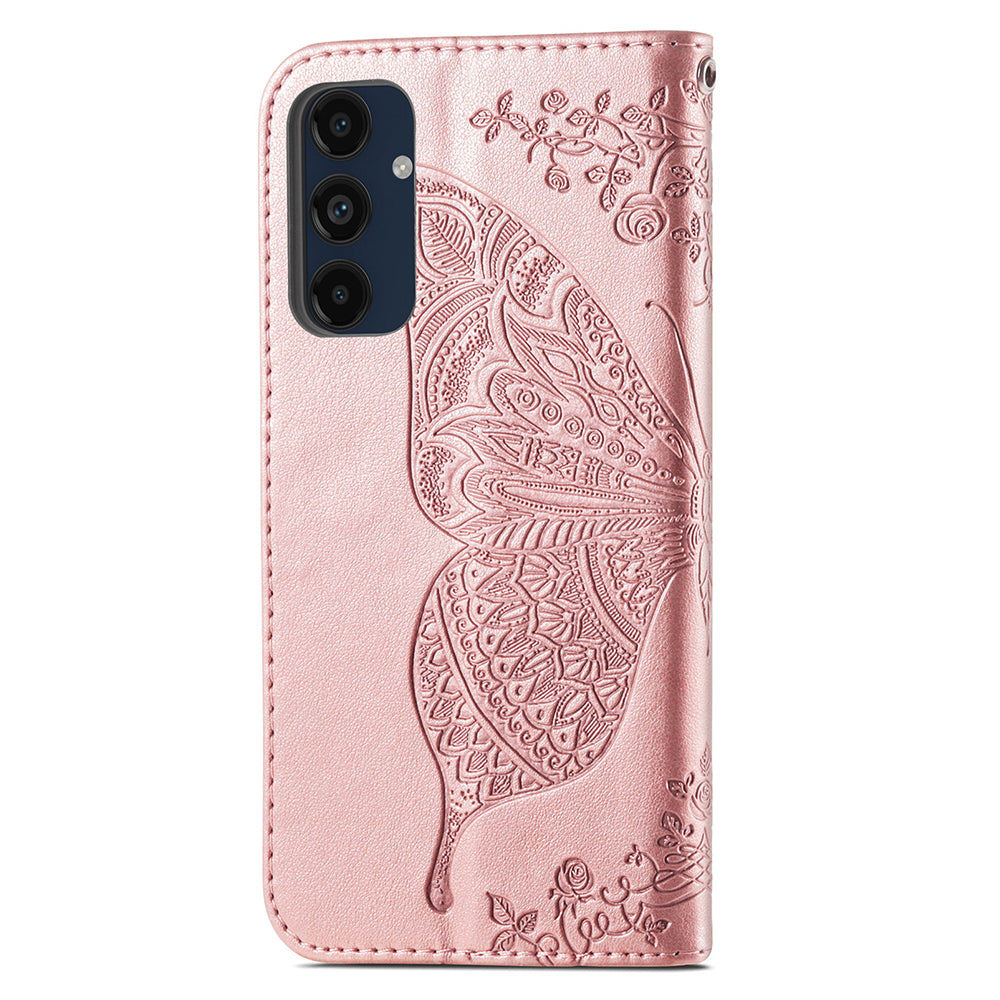 For Samsung Galaxy A16 5G / A16 4G Case PU Leather Wallet Phone Cover Butterfly Pattern - Rose Gold